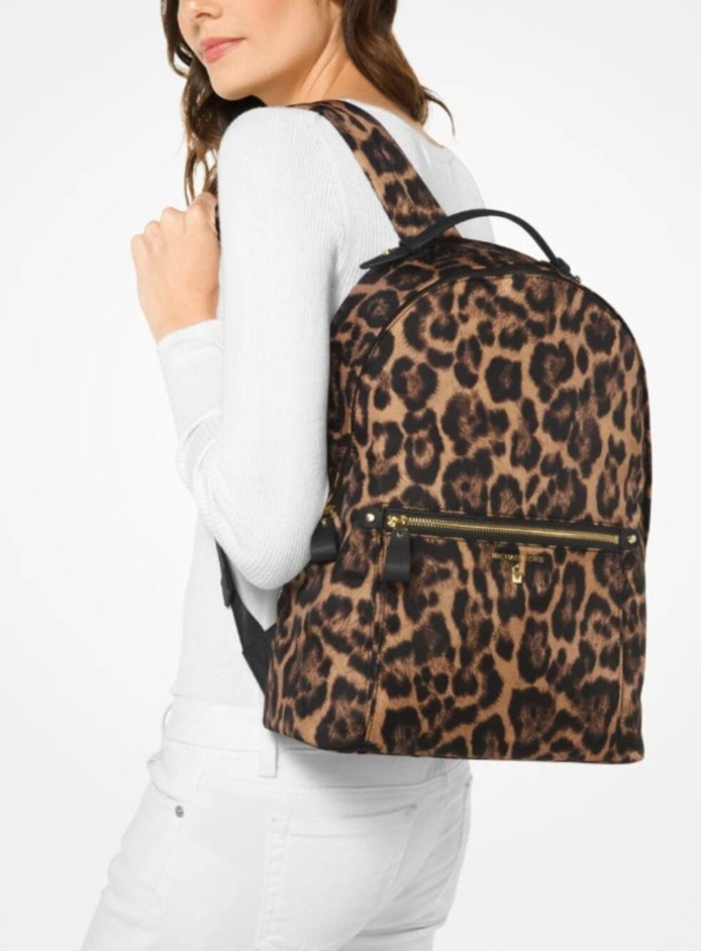 Michael Kors Kelsey Leopard Nylon Backpack Padded Multi Pocket Zip Around